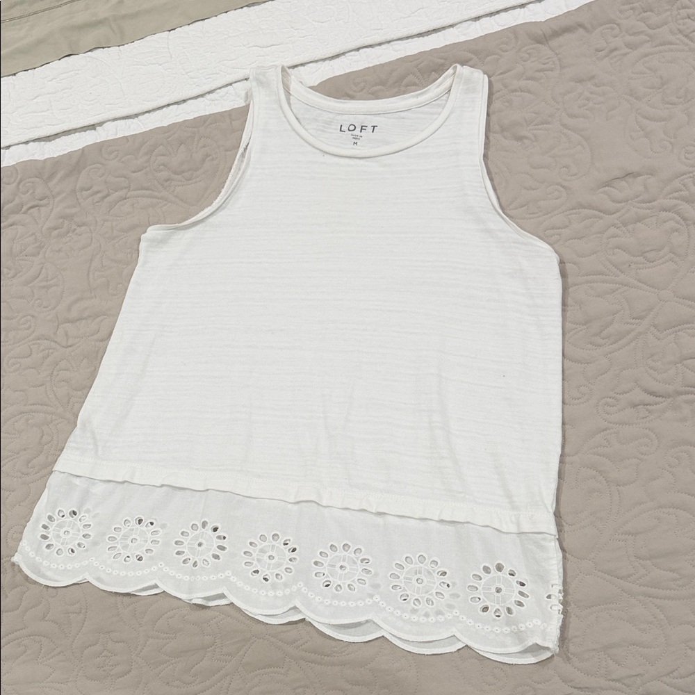 LOFT White Eyelet Scalloped Tank